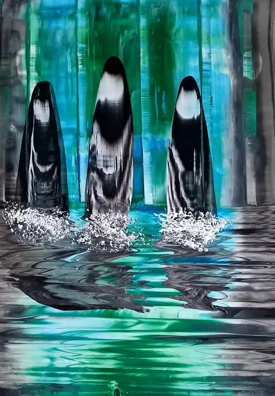 Akrylmålning Orcas in green. av Ellinor Karlsson