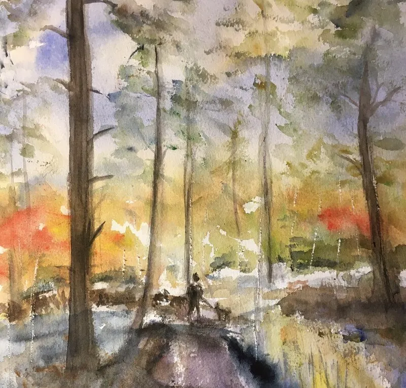 Akvarell Hundpromenad av Rosi Grundemar