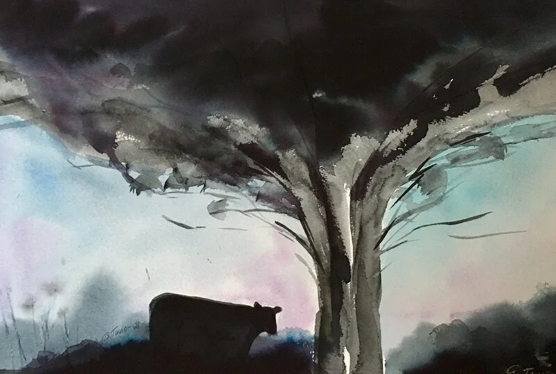 Akvarell Skymning i kohagen av Gunilla Tuvin