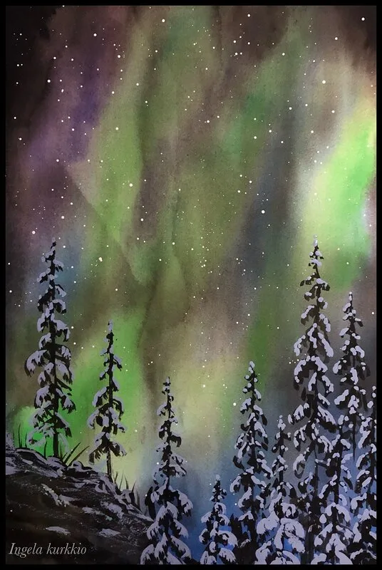 Akvarell Norrsken av Ingela Kurkkio