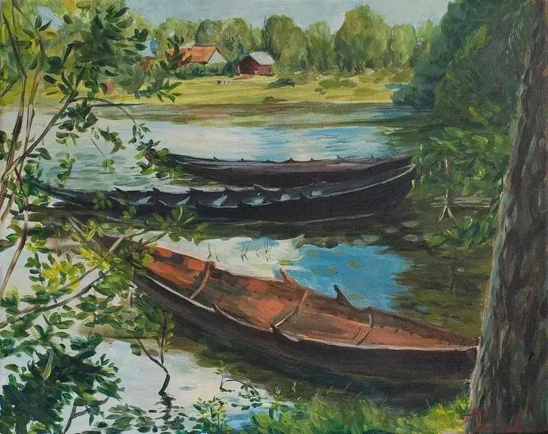 Akrylmålning Vikingaby. Båttarna. av Eugenia Arinstein