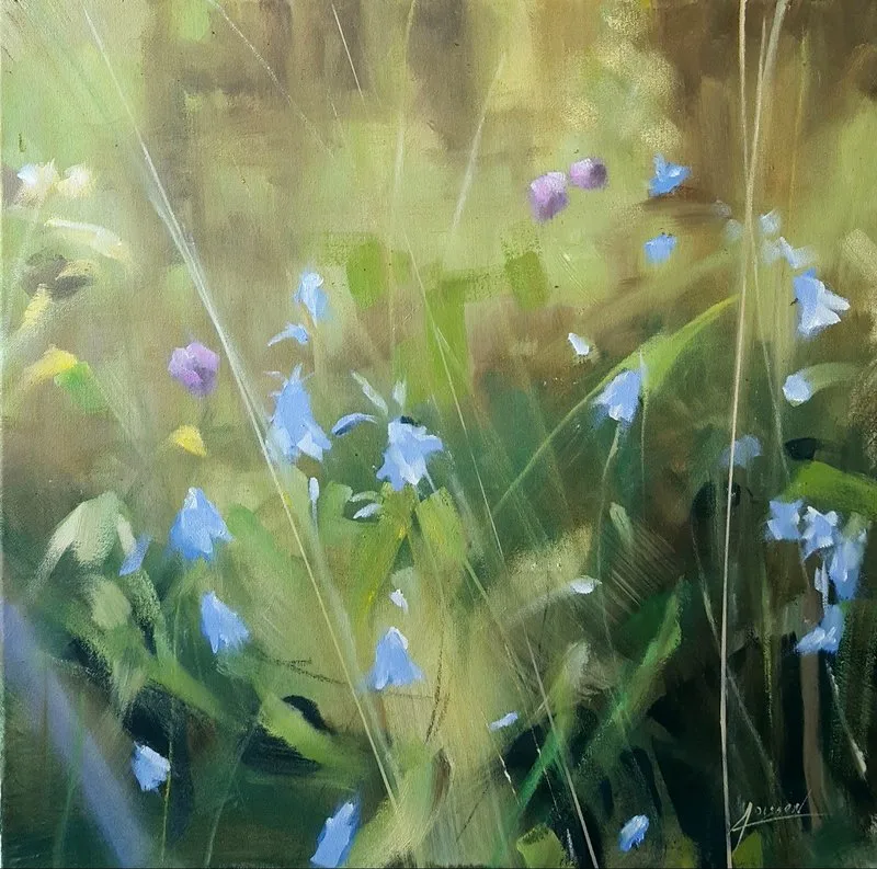 Oljemålning Blåklockor vid vägrenen Östergötland av Anders Olsson