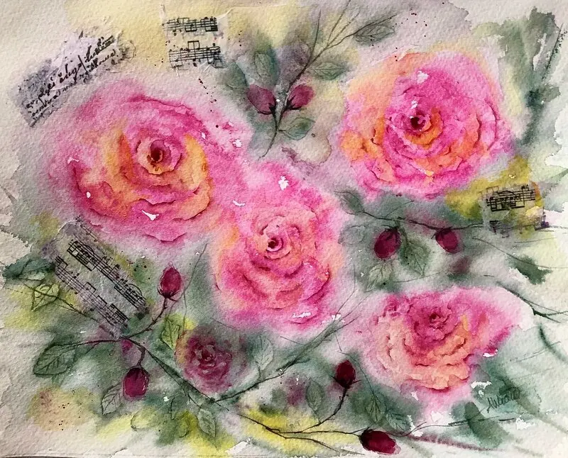 Akvarell Kärleksrosor. av Annelie Wadin