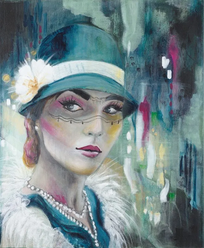 Akrylmålning Women in the green hat. Såld. av Marlene Wemmert