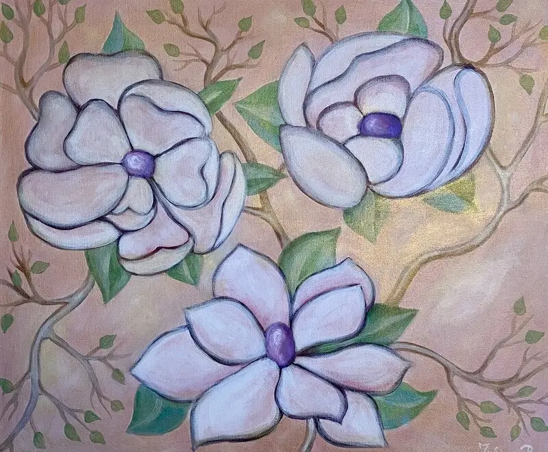Akrylmålning Tre magnolia blommor 1 av Juliana Boneva