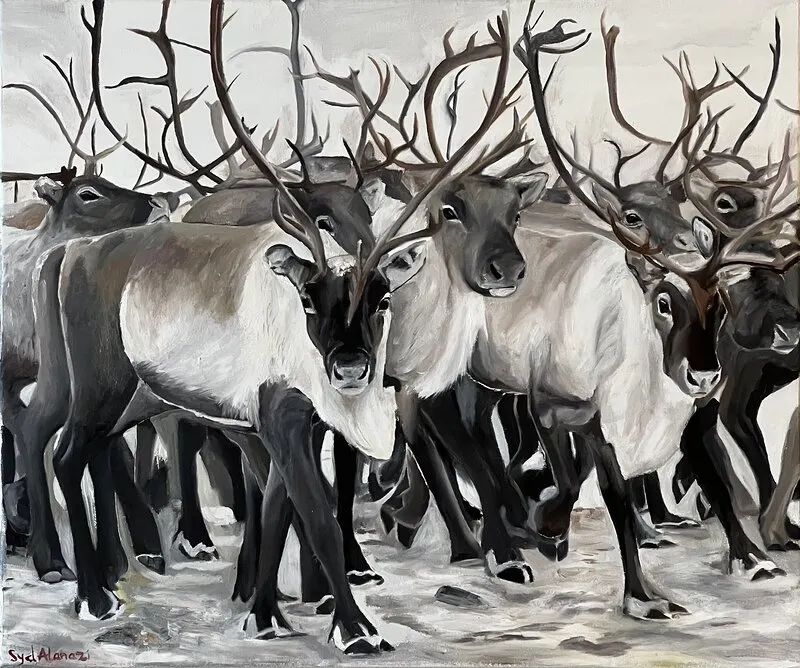 Oljemålning Flock av renar av Syd A. Dilbat