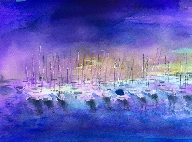 Akvarell Kvällsljus vid marinan av Gunilla Tuvin