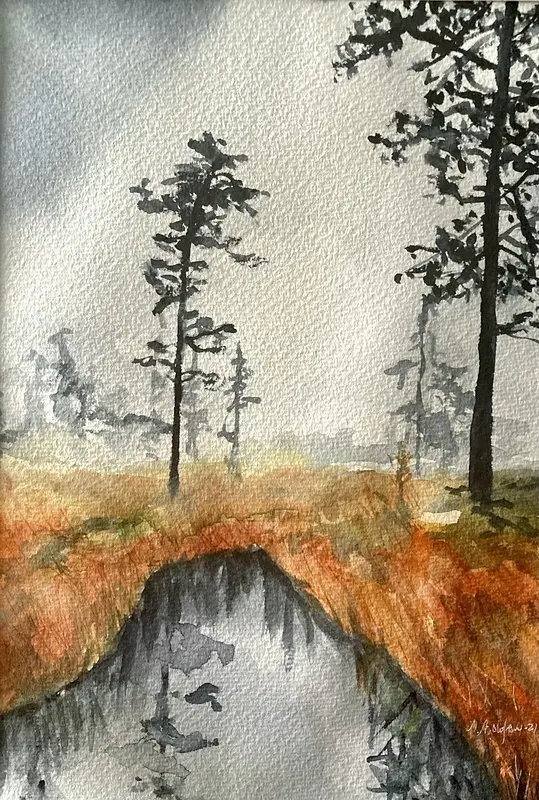Akvarell Lonely pinetrees av Marianne Akasha Olofsson