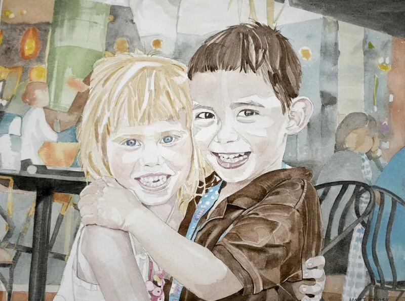 Akvarell Barn! (Kids!), Private collection av Marj Assow