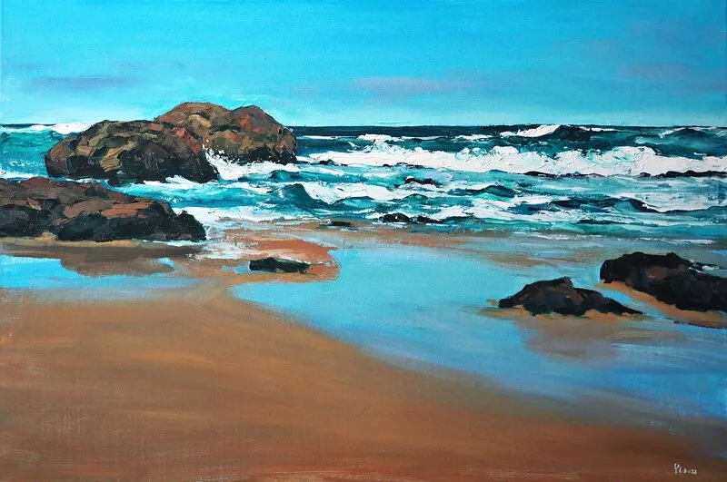 Oljemålning Cascais strand av Yuanyuan Liu