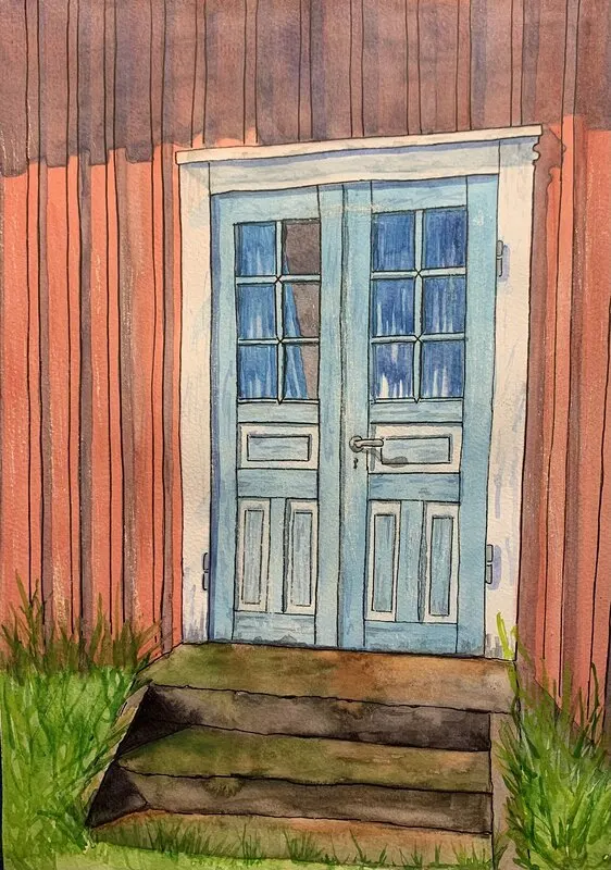 Akvarell Torpets dörr av Nina Gillbo