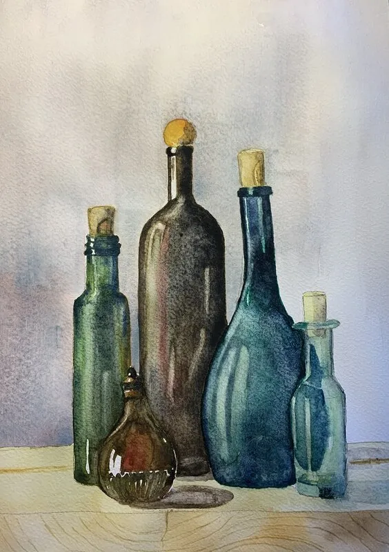 Akvarell The bottles av Nina Gillbo