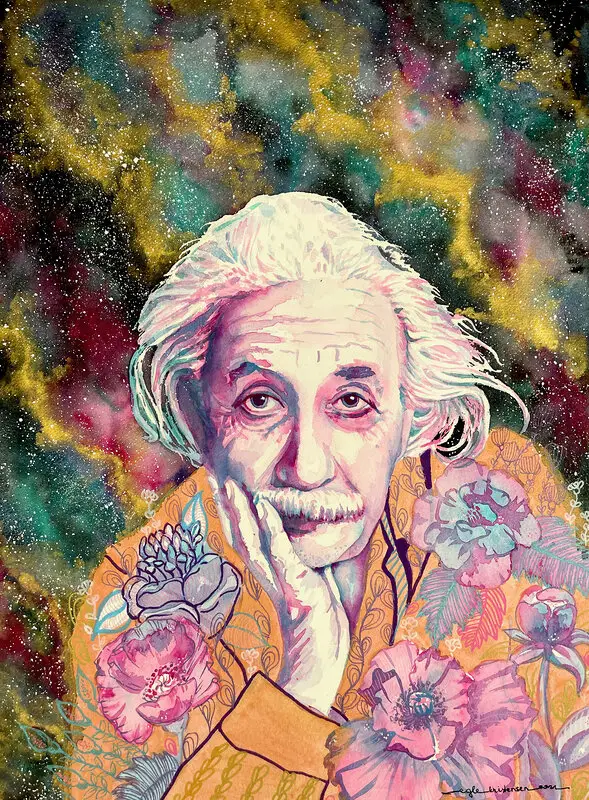 Akvarell Albert Einstein with flowers and gold av Egle Kristensen