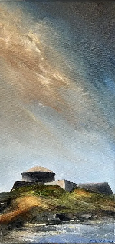 Oljemålning Dalarö Skans med vågskvalp av Petra Strömberg