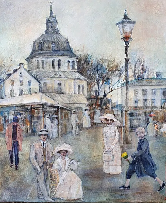 Akrylmålning Östermalmtorg 1880-2022 talet av Viktoria Tikhomirova