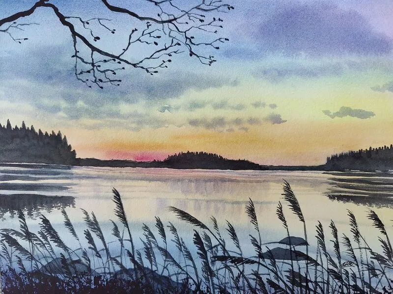 Akvarell Sunset in the lake 06 av Wei Hing Rosenkvist