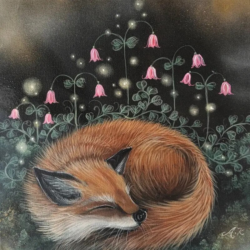 Akrylmålning Sovande räv av Anna Komstadius