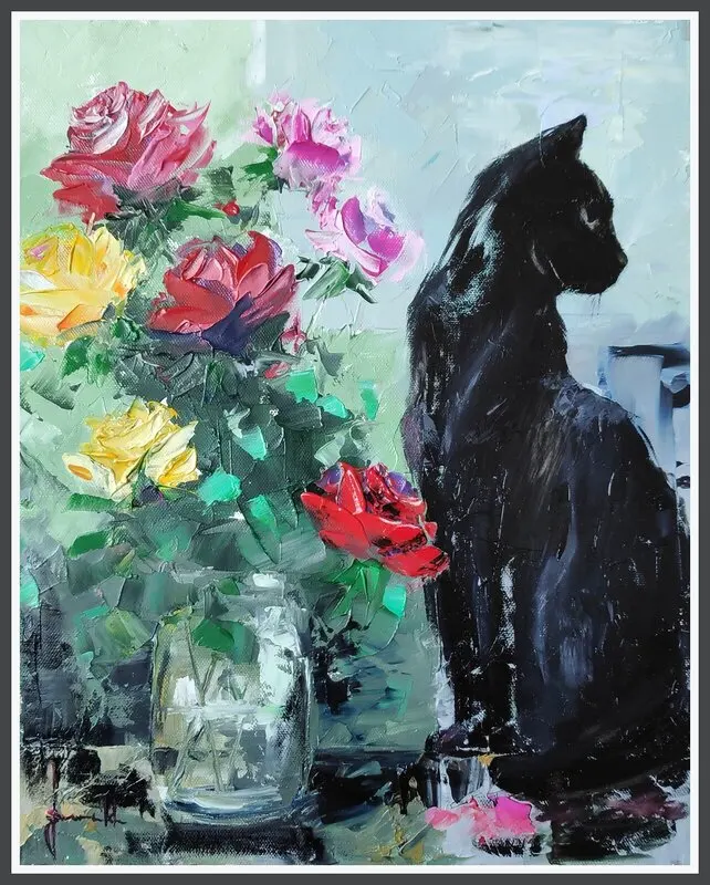 Oljemålning Svart katt och blommor av Igor Fominykh