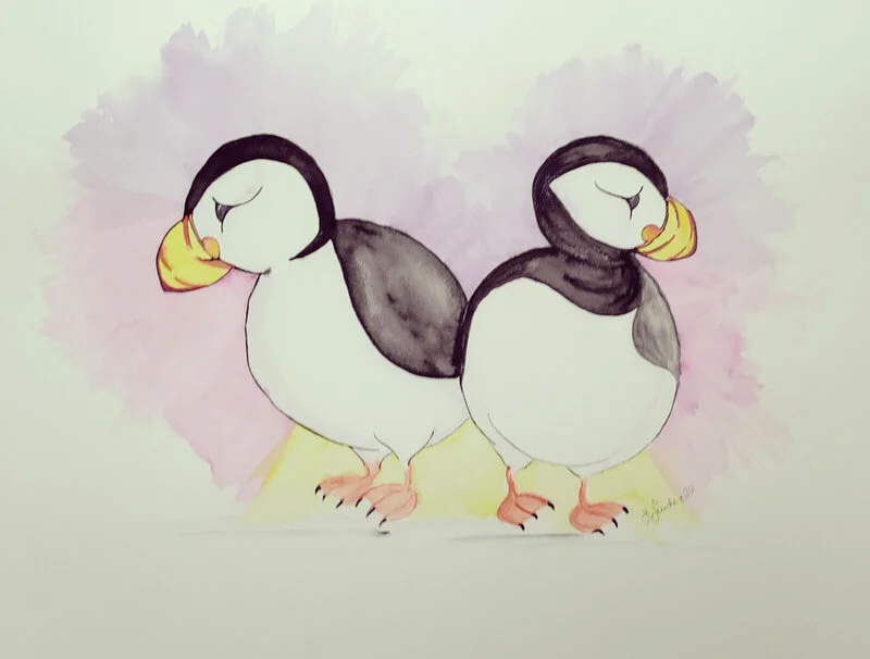 Akvarell Puffin in Love av Helén Linde