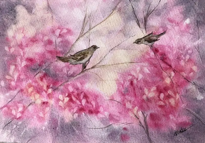 Akvarell Love birds av Annelie Wadin
