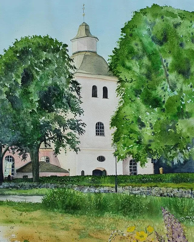 Akvarell Rudskoga Kyrka av Ylva Engman