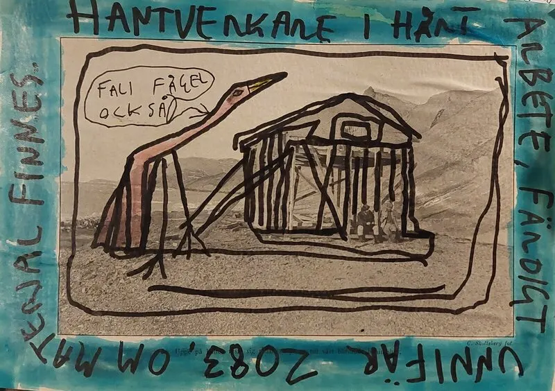 Hantverkare i hårt arbete, och en farlig fågel. av Mikael Jonsson