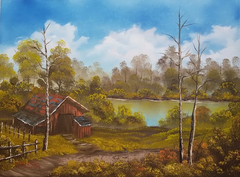 Oljemålning 11.12. Roadside Barn av Anders Wiberg