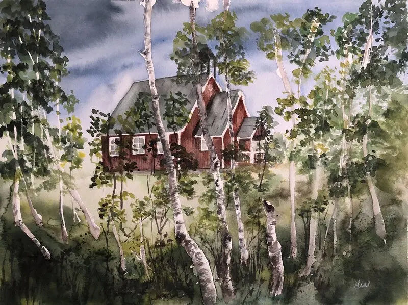 Akvarell Tornehamns kyrka av Maria Eklund