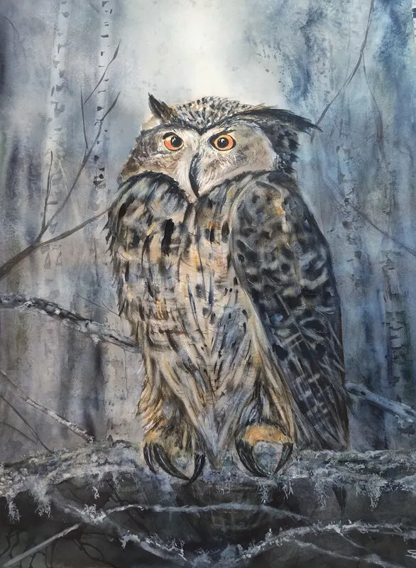 Akvarell Berguv , inramad 70*100 av Sofie Castenvall