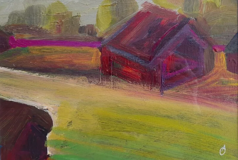 Akrylmålning SJÖBODAR I GRYNINGSLJUS av Anette Classon