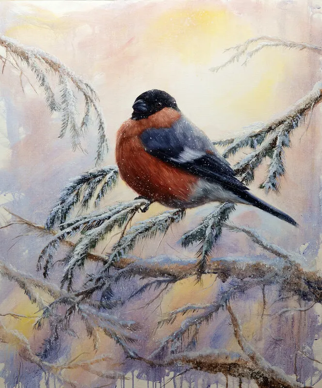 Oljemålning Domherre i vinterskrud av Emil Jansson