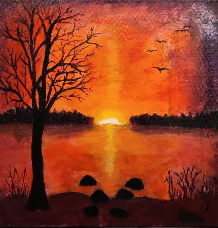 Akrylmålning Solnedgång vid sjön av Eva Garami