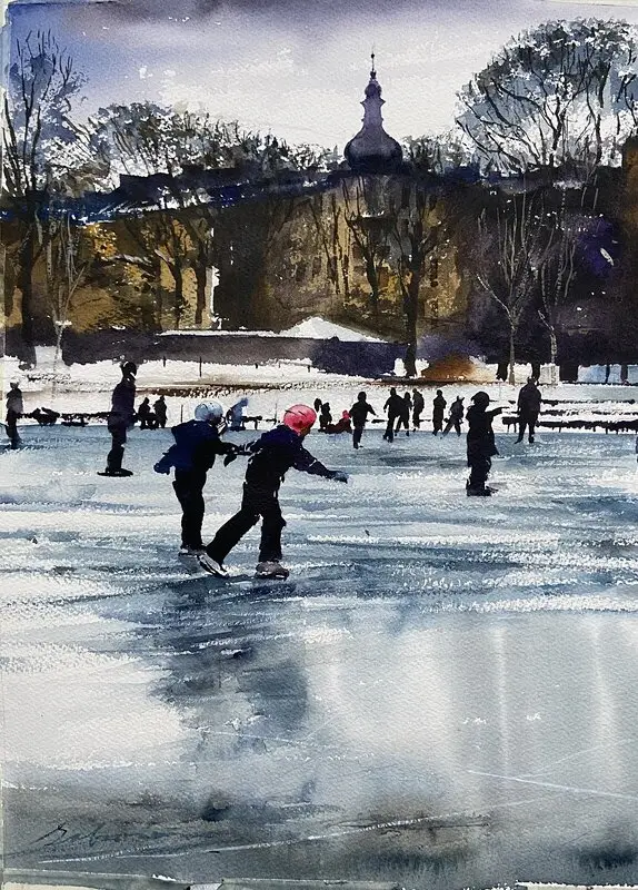 Akvarell Skridskoåkning i Vasaparken av Kourosh Safinia