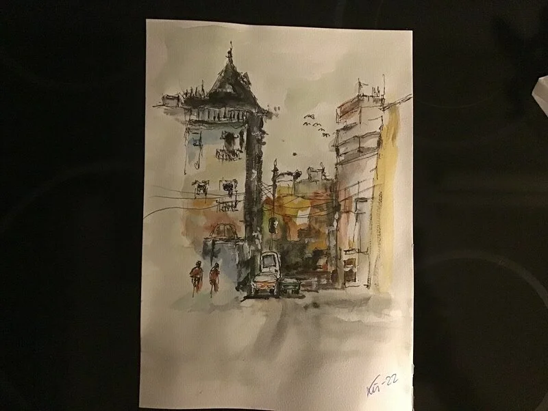 Akvarell Citystreet av Karl Rahm