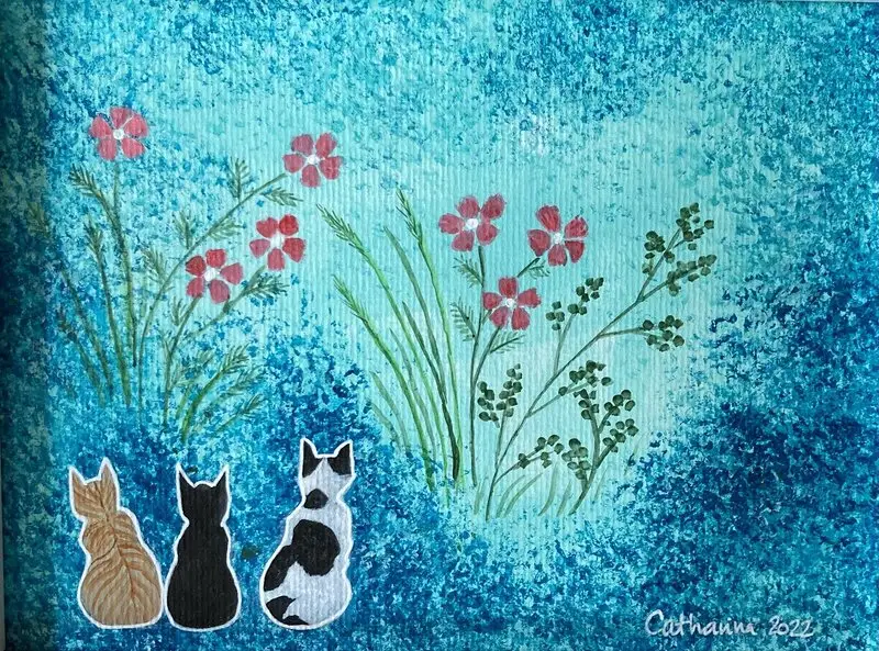 Akrylmålning Tre nyfikna katter vid gläntan av Catharina Johansson Söderström