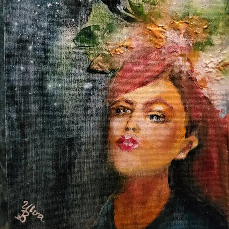 Akrylmålning Hon har blommor i sitt hår av Ylva Berglund