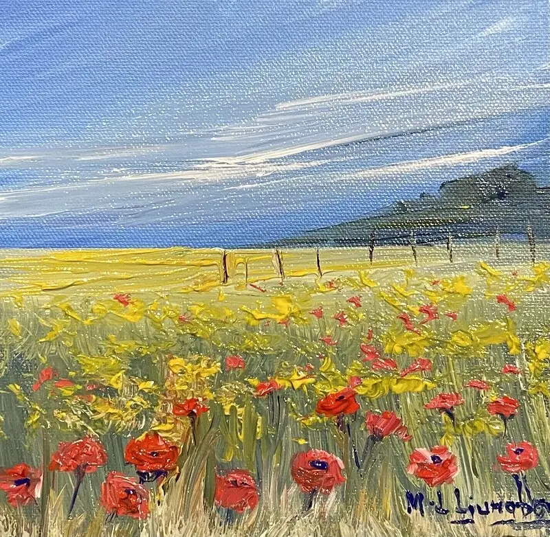 Akrylmålning Raps & Vallmofält av Marie-Louise Ljungberg