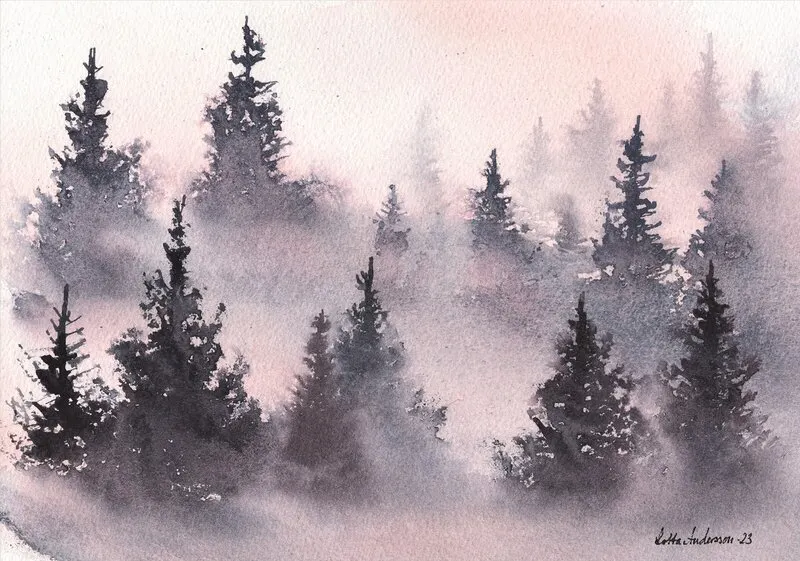 Akvarell Akvarell, Dimmiga grantoppar av Lotta Andersson