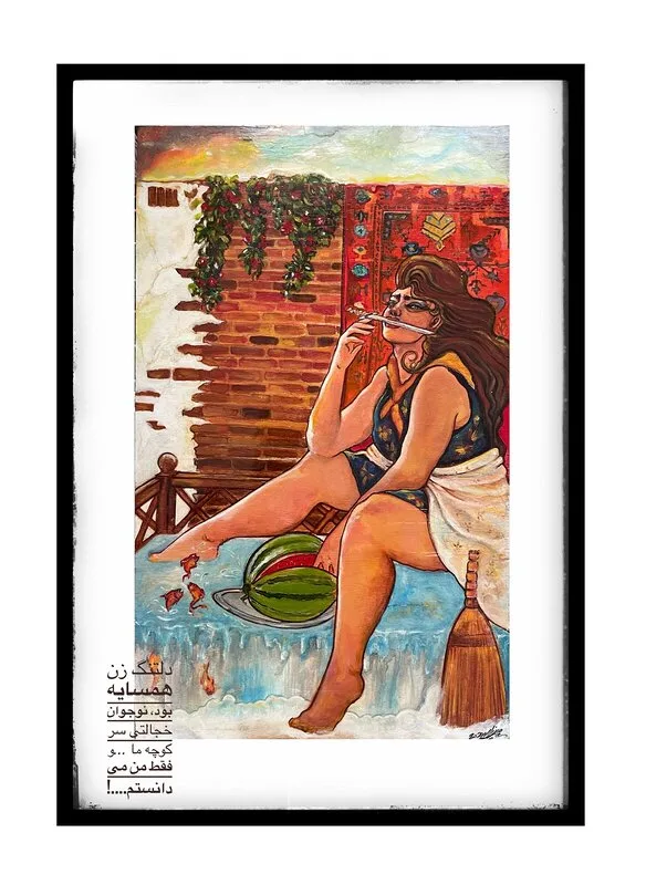 Oljemålning The woman next door av Miad Mirzaei