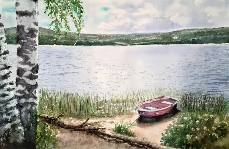 Akvarell Den röda jollen av Susanne Persdotter