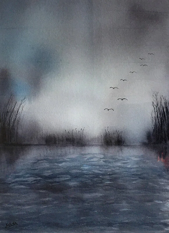 Akvarell Vatten med vass av Katarina Schoerner Carr