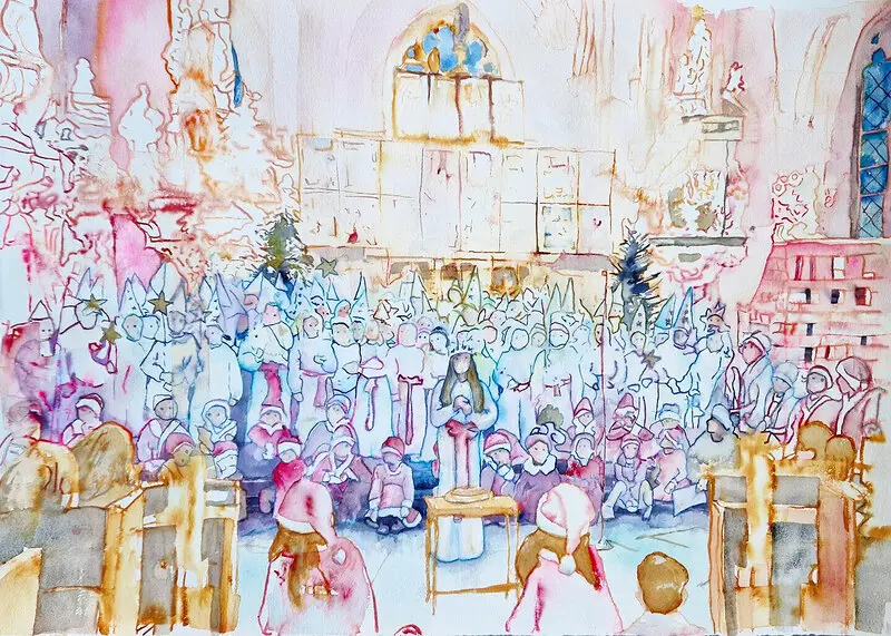 Akvarell Luciatåget av Tobias Folkesson