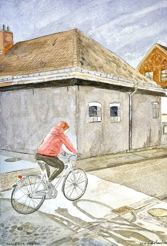 Akvarell Magle Lilla Kyrkogata m cykel av Pär Håkan Henriksson