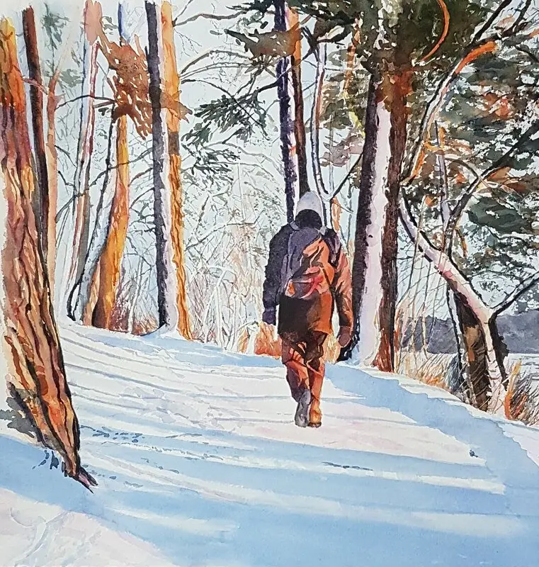 Akvarell Vinterpromenad av Marietta Larsen