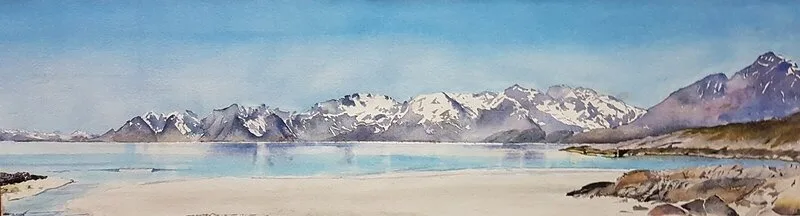 Akvarell Uttakleiv, Lofoten av Marietta Larsen