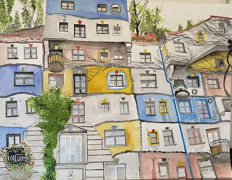 Akvarell Hundertwasser Haus i Wien av Göran von Ahn