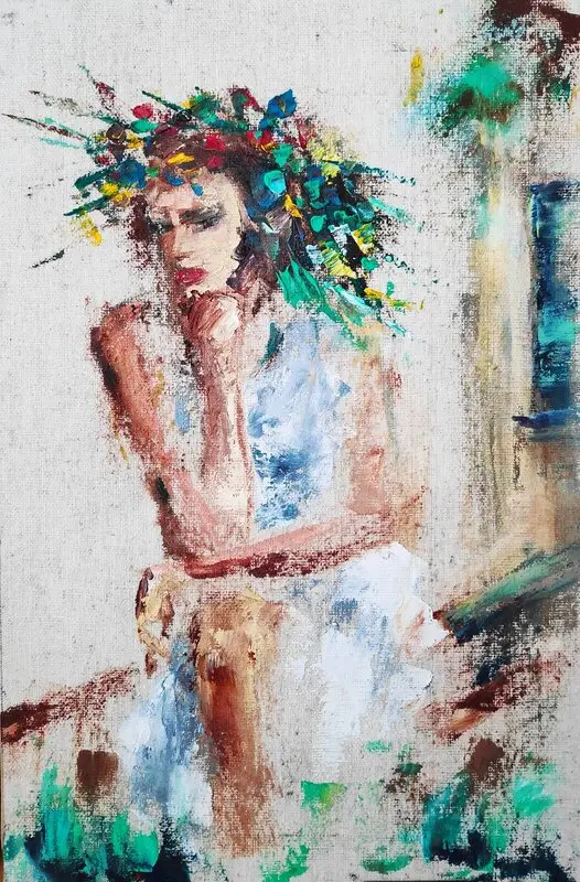 Oljemålning Girl in a Flower Wreath. En snabb skiss med oljefärger på en bit duk. av Igor Fominykh