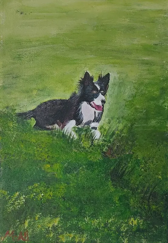 Akrylmålning Dog in the grass av Mohammad Ali Qasimi