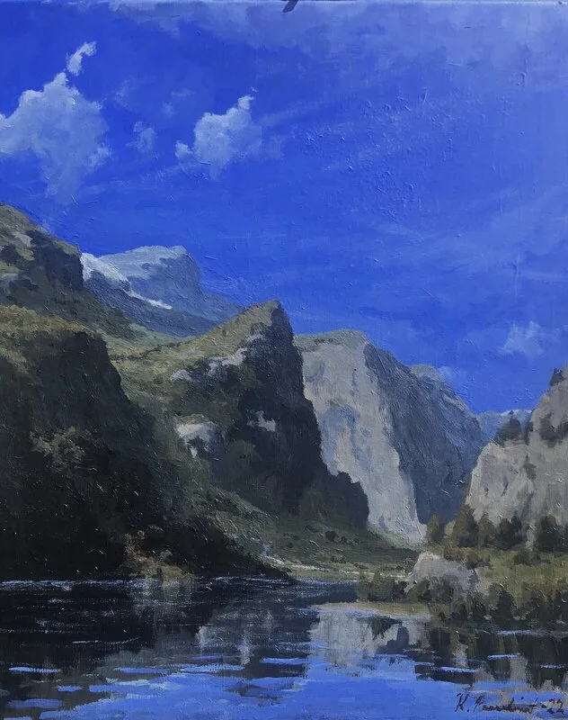 Akrylmålning Fjordmotiv i solljus av Kevin Parnebrant
