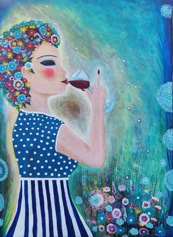 Akrylmålning A glass of wine in my garden av Jenny Winkler